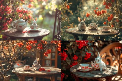 方托盘上有小兔子茶壶茶杯，花园里的木桌，红花，旁边女孩，中心构图，可爱风格，暖色系，标准镜头，自然光，软阴影，静止，温馨。