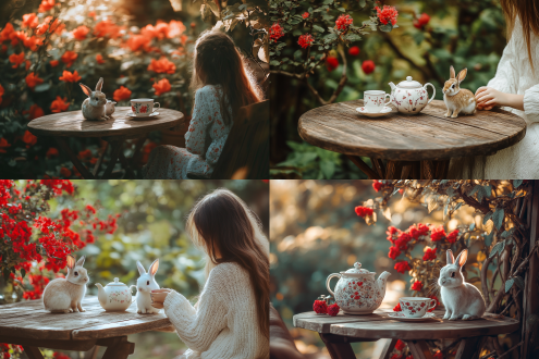 方托盘上有小兔子茶壶茶杯，花园里木桌，红花，旁边女孩，中心构图，可爱风格，暖色调，标准镜头，自然光，软阴影，静止，温馨。