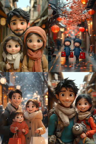 一家人购物，卡通渲染，亚洲人，微笑开心，暖色调，柔和灯光，粘土质地，3d渲染，柔和边缘，朦胧边缘光，街道环境，中景镜头，温馨。