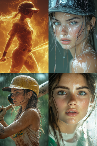 透明玻璃后女棒球手贴画，三分法构图，室内，冷色调，微距镜头，顶光，静态，清晰，专注。