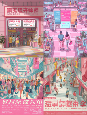 卡通风格，年轻男女商场购物的核心场景，室内环境中展示着商品，画面中有“龙卡信用卡深圳大运天地购物满减”标题文字，两张巨大优惠券并排排布在画面中心，广告海报设计，3d，c4d，oc渲染器，对称构图，顶光，欢快氛围，低饱和度色彩，男女的外貌特征、穿着打扮等信息，让画面更丰富，粉色主题