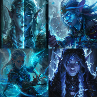 fantasy hearthstone art style, realistic water splashes, she is dressed in shaman clothes, epic diptych, perfect drow, glowing line cracks in armor, trolls, featured face details, changelingcore, wall darkness, wizard casting acid splash, wallpaper for monitor, blue wall, temporalization
