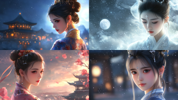 一个中国古代少女，精致五官，绝美妆容，白皙肤色，发鬓，穿古装，中国风，全景透视，玄幻世界，柔光，正视图，清冷，月光，宇宙星辰