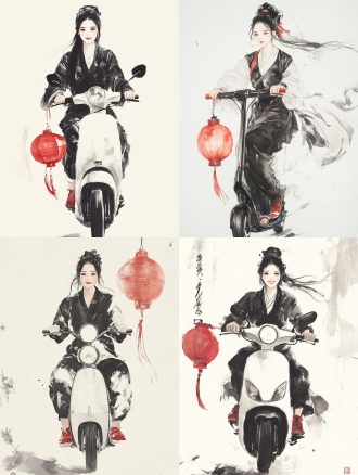 a chinese ink painting depicts an ancient chinese beauty riding an electric scooter, wearing dark black and white pajamas, red shoes, holding a red lantern, and smiling. in a simple background, her clarity is very high. as a full body portrait, there is a white space around the head of the character, which has the style of ancient chinese artists. there are no words or numbers on the screen.