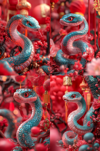 中国新年氛围，红色国潮背景，可爱的粉蓝色的蛇，全身肖像，身体是玻璃材质，三维立体，3d模型，高清渲染，32k