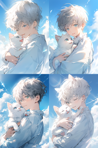 一个帅气温柔的男孩，抱着一只白色的猫，新海诚风，蓝天，半身像，高清，明亮