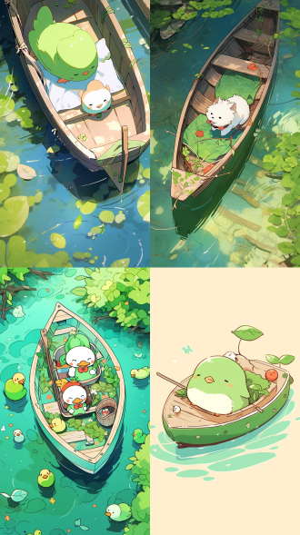 一只超级可爱的卡皮巴拉，躺在小船上，漫画风，油画效果，俯视图，背景绿色，高清，多细节，明亮