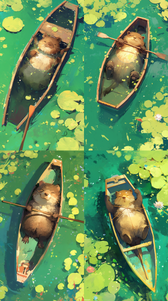一只超级可爱的卡皮巴拉，躺在小船上，漫画风，油画效果，俯视图，背景绿色，高清，多细节，明亮