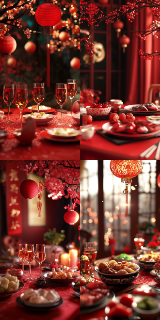 年夜饭 ，红色喜庆，过年氛围，c4d ,产品视角，居中，国风，摄影，高像素，高清，细节丰富，明亮