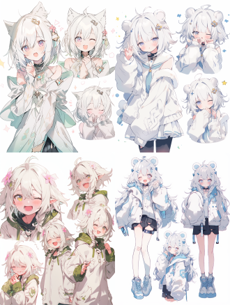 一个可爱的动漫女孩，有着白色的头发和精灵耳朵，不同姿势和情绪，人物表设计，白色背景，最佳细节，8k