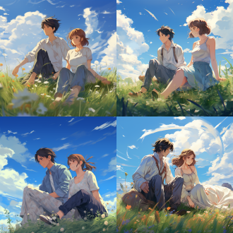 一对男女坐在草地上，抬头仰望，蓝蓝的天空、流动的云彩、新海诚风格，细节丰富，高清，明亮