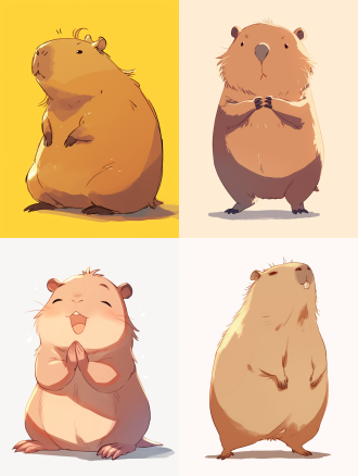 一只可爱的水豚，卡通简笔画，线条简洁，色彩平淡，开心，兴奋，难过，崩溃，伤心的各种表情