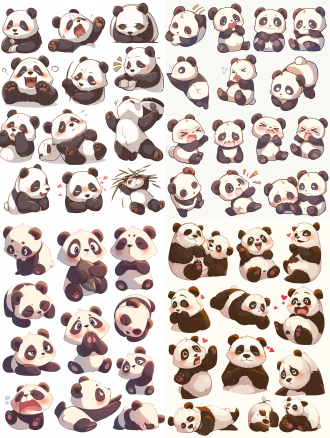 一只可爱的熊猫，多种姿势和表情，快乐，愤怒，哭泣，表达爱，玩酷等，表情符号包，f/64组，相关角色，线条风格，2d,生动色彩，雕刻，大胆的轮廓，卡哇伊美学，白底，超清晰