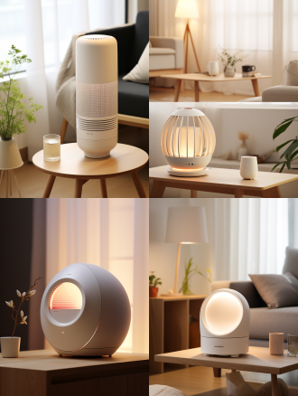 极简风格净化器，白色外观，塑料材质，顶部出风口，暖色系，对称布局，柔和光线，室内环境，广角镜头，高饱和度，宁静氛围。