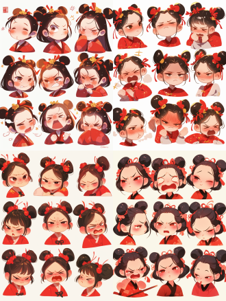 可爱的哪吒 穿着红色汉服 国风 扎着双丸子头 做着各种表情 开心的 伤心的 生气的 难过的 夸张表情 白色背景 插画 可爱风格 国风 贴纸艺术设计 精细设计 超高清 8k q版 迪士尼风格 9宫格排列