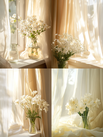 窗台旁边有白色的花朵，背景是淡黄色的窗帘，干净的背景，高端质感，光影交织，光源明亮，商业广告风格