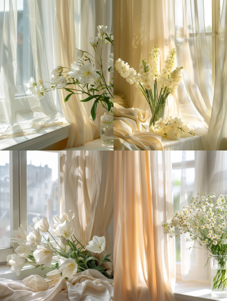 窗台旁边有白色的花朵，背景是淡黄色的窗帘，干净的背景，高端质感，光影交织，光源明亮，商业广告风格