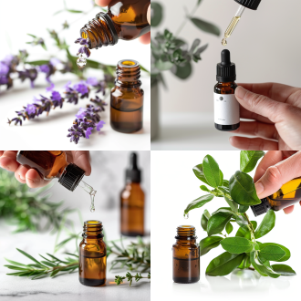 手里拿着精油管子，滴一滴精油，旁边有个精油瓶子，白色背景，高清，高分辨率