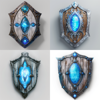 白色背景，金属木质盾牌，蓝色魔法元素，对称构图，金属质感，木纹细节，冷色调，高光反射，魔法光晕，神秘氛围。