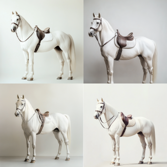 白马在白色背景中，优雅站立，马鞍精致，眼神温和，毛发光泽。极简风格，高分辨率，白色背景，长焦镜头，柔和光线，静态，纯洁，宁静。