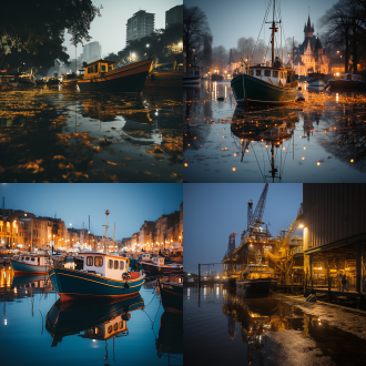 渔港夜景，低视角，冷色调，雾霭弥漫，长曝光，昏黄灯光，木质渔船，潮湿地面，静谧。