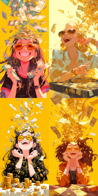可爱女孩，戴墨镜，开心大笑，手拿钞票，头上长满钞票，潇洒姿态，桌子上有很多钞票，金币，漂浮，头上很多钞票，手绘插画，纯色背景，四周留白，中景镜头，高清，细节刻画，夸张表情，鲜艳色彩，创意构图，幽默风格，财富象征，欢乐氛围，艺术表现力。9:16