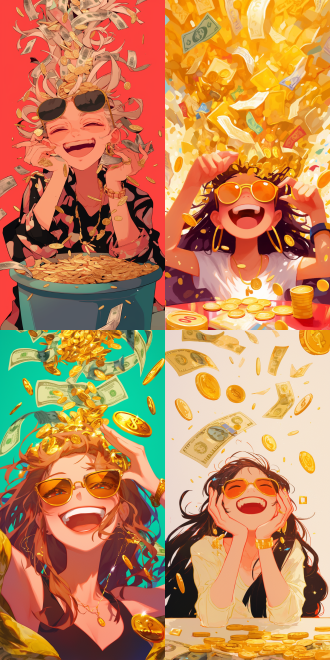 可爱女孩，戴墨镜，开心大笑，手拿钞票，头上长满钞票，潇洒姿态，桌子上有很多钞票，金币，漂浮，头上很多钞票，手绘插画，纯色背景，四周留白，中景镜头，高清，细节刻画，夸张表情，鲜艳色彩，创意构图，幽默风格，财富象征，欢乐氛围，艺术表现力。9:16