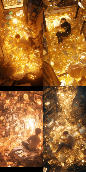 一位年轻人在床上睡觉，突然从梦中醒来，发现自己被金币和钞票包围。他惊喜地坐起来，眼神充满了惊喜和兴奋。照片采用鸟瞰角度，清晰展示了床上的年轻人和周围的财富。金色的灯光照亮了整个场景，营造出温暖而豪华的氛围。 鸟瞰角度，兴奋，床上，金币，钞票，财富，金色灯光，温暖，豪华。9:16