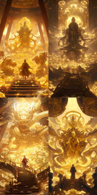 一个中国式五路财神站在撒满金币的楼梯上，美丽的灯光，复杂的细节，戏剧性的灯光，幻影般的彩虹色，财富和奢华，超细节，动漫美学，bayard wu，杰作在卓越的质量，极端的细节，锐利的焦点，插图，插图，电影照明，8k，最佳质量，x光 model: 通用xl, cfg scale: 7, hires upscale: 1.5比例：9:16