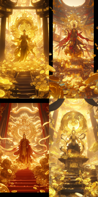 一个中国式五路财神站在撒满金币的楼梯上，美丽的灯光，复杂的细节，戏剧性的灯光，幻影般的彩虹色，财富和奢华，超细节，动漫美学，bayard wu，杰作在卓越的质量，极端的细节，锐利的焦点，插图，插图，电影照明，8k，最佳质量，x光 model: 通用xl, cfg scale: 7, hires upscale: 1.5比例：9:16