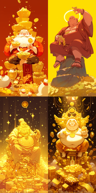 胖胖的财神，抱着金元宝坐在金币堆上，背景为纯色无其他点缀，卡通风格9:16