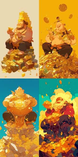 胖胖的财神，抱着金元宝坐在金币堆上，背景为纯色无其他点缀，卡通风格9:16