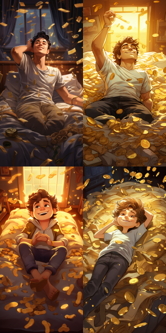 一位卡通年轻人在床上睡觉，突然从梦中醒来，发现自己被金币和钞票包围。他惊喜地坐起来，眼神充满了惊喜和兴奋。照片采用鸟瞰角度，清晰展示了床上的年轻人和周围的财富。金色的灯光照亮了整个场景，营造出温暖而豪华的氛围。 鸟瞰角度，兴奋，床上，金币，钞票，财富，金色灯光，温暖，豪华。9:16