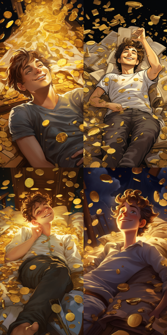 一位卡通年轻人在床上睡觉，突然从梦中醒来，发现自己被金币和钞票包围。他惊喜地坐起来，眼神充满了惊喜和兴奋。照片采用鸟瞰角度，清晰展示了床上的年轻人和周围的财富。金色的灯光照亮了整个场景，营造出温暖而豪华的氛围。 鸟瞰角度，兴奋，床上，金币，钞票，财富，金色灯光，温暖，豪华。9:16