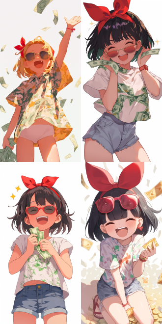 小女孩，可爱短发，红色蝴蝶结，夏天的衣服，带墨镜，张开嘴巴，开心地笑，拿着很多钱，正在数钱，动漫人物，两头身，线条感，白色底，扁平化设计，四周留白，高清，卡通风格，明亮色彩，简洁线条，平面视角，欢乐表情，数钱动作，夏日氛围，红色点缀，墨镜时尚，财富象征，快乐情绪。9:16