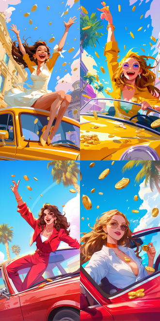 美女开奔驰，潮流沙雕手绘，夸张表情，时尚服饰，天上降下金币，街头背景，鲜艳色彩，超现实风格，广角镜头，正面光，动态姿势，幽默感，对角线构图，高饱和度，快速快门，跳跃，兴奋。9：16