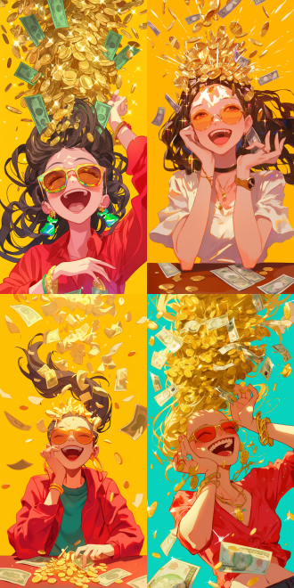可爱女孩，戴墨镜，开心大笑，手拿钞票，头上长满钞票，潇洒姿态，桌子上有很多钞票，金币，漂浮，头上很多钞票，手绘插画，纯色背景，四周留白，中景镜头，高清，细节刻画，夸张表情，鲜艳色彩，创意构图，幽默风格，财富象征，欢乐氛围，艺术表现力。9:16