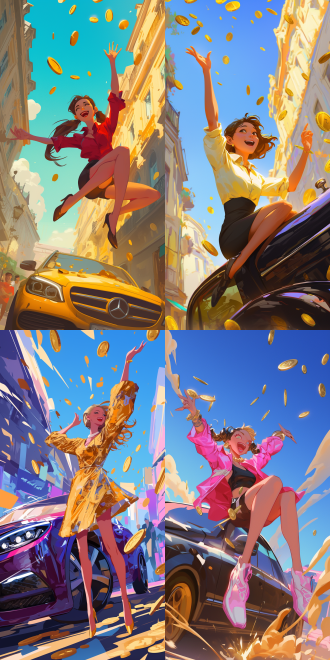 美女开奔驰，潮流沙雕手绘，夸张表情，时尚服饰，天上降下金币，街头背景，鲜艳色彩，超现实风格，广角镜头，正面光，动态姿势，幽默感，对角线构图，高饱和度，快速快门，跳跃，兴奋。9：16