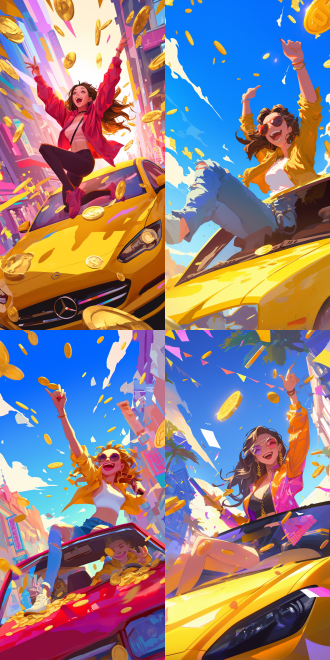 美女开奔驰，潮流沙雕手绘，夸张表情，时尚服饰，天上降下金币，街头背景，鲜艳色彩，超现实风格，广角镜头，正面光，动态姿势，幽默感，对角线构图，高饱和度，快速快门，跳跃，兴奋。9：16