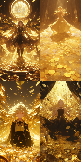 漂亮女人，金币环绕，暴富动漫主题，金色调，正装服饰，微笑，中心构图，广角镜头，高对比度，室内场景，闪光灯，奢华感，梦幻。9：16