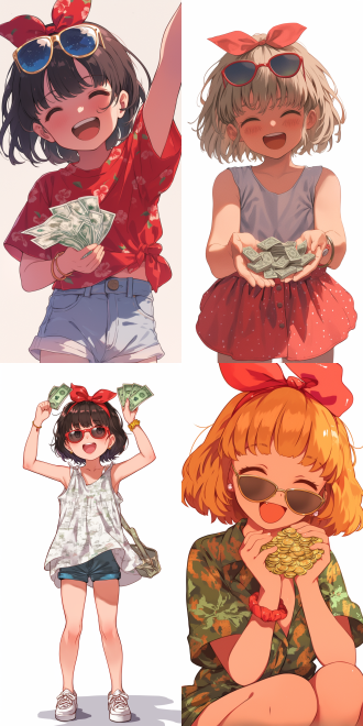 小女孩，可爱短发，红色蝴蝶结，夏天的衣服，带墨镜，张开嘴巴，开心地笑，拿着很多钱，正在数钱，动漫人物，两头身，线条感，白色底，扁平化设计，四周留白，高清，手绘插画风格，明亮色彩，简洁线条，平面视角，欢乐表情，数钱动作，夏日氛围，红色点缀，墨镜时尚，财富象征，快乐情绪。9:16