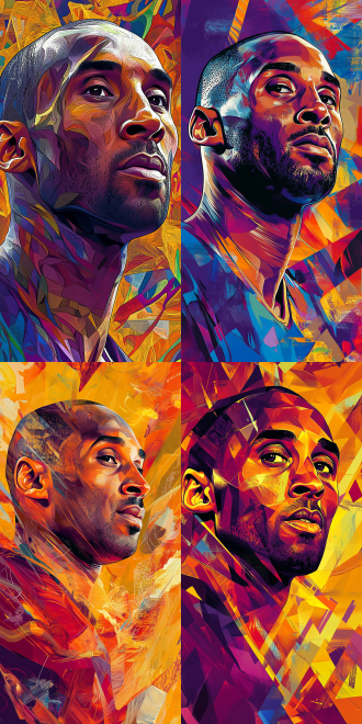 科比·布莱恩特肖像，马丁·安辛艺术作品肖像，麻省理工学院技术评论，尖锐角度，插画师，动态，艺术博物馆照片，受雨果·桑切斯·博尼利亚启发，以罗斯·特兰风格，弹道，iamag，居中设计，artgram，2010，体育9:16。