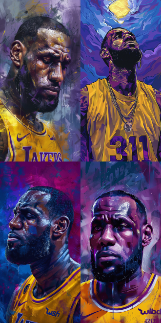 勒布朗·詹姆斯肖像，adobe illustrator，披着丝滑的紫色和金色，ebay网站，明天，完整图像，2400万像素，流着大大的蓝色眼泪，极其清晰细致，流畅的字体，在其垂死之际，poggers，穿着一件现代黄色t恤，22岁，詹姆斯·勒布朗，官方艺术作品，号码31！！！9:16。
