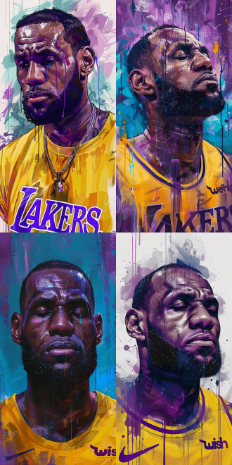 勒布朗·詹姆斯肖像，adobe illustrator，披着丝滑的紫色和金色，ebay网站，明天，完整图像，2400万像素，流着大大的蓝色眼泪，极其清晰细致，流畅的字体，在其垂死之际，poggers，穿着一件现代黄色t恤，22岁，詹姆斯·勒布朗，官方艺术作品，号码31！！！9:16。