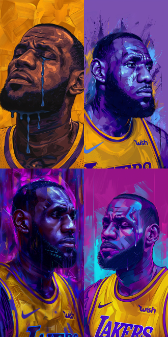 勒布朗·詹姆斯肖像，adobe illustrator，披着丝滑的紫色和金色，ebay网站，明天，完整图像，2400万像素，流着大大的蓝色眼泪，极其清晰细致，流畅的字体，在其垂死之际，poggers，穿着一件现代黄色t恤，22岁，詹姆斯·勒布朗，官方艺术作品，号码31！！！9:16。