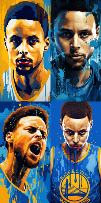 斯蒂芬.库里肖像，adobe illustrator，披着丝滑的蓝色，ebay网站，明天，完整图像，2400万像素，流着大大的蓝色眼泪，极其清晰细致，流畅的字体，在其垂死之际，poggers，穿着一件现代黄色t恤，22岁，斯蒂芬.库里，官方艺术作品，号码30！！！9:16。