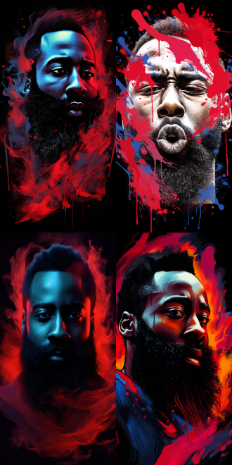 詹姆斯.哈登肖像，adobe illustrator，披着丝滑的红色，ebay网站，明天，完整图像，2400万像素，流着大大的蓝色眼泪，极其清晰细致，流畅的字体，在其垂死之际，poggers，穿着一件现代红色t恤，22岁，詹姆斯.哈登，官方艺术作品，号码13！！！9:16。