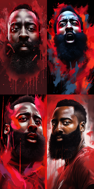 詹姆斯.哈登肖像，adobe illustrator，披着丝滑的红色，ebay网站，明天，完整图像，2400万像素，流着大大的蓝色眼泪，极其清晰细致，流畅的字体，在其垂死之际，poggers，穿着一件现代红色t恤，22岁，詹姆斯.哈登，官方艺术作品，号码13！！！9:16。