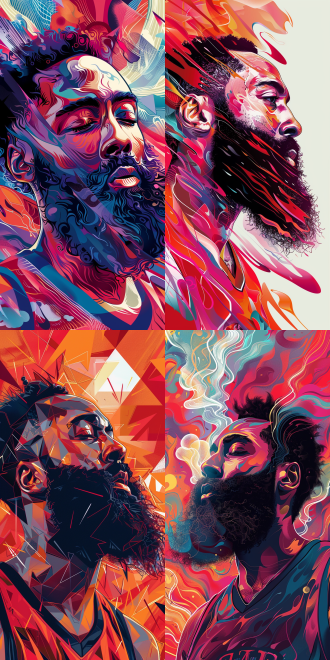 詹姆斯.哈登肖像，马丁·安辛艺术作品肖像，麻省理工学院技术评论，尖锐角度，插画师，动态，艺术博物馆照片，受雨果·桑切斯·博尼利亚启发，以罗斯·特兰风格，弹道，iamag，居中设计，artgram，2010，体育9:16。