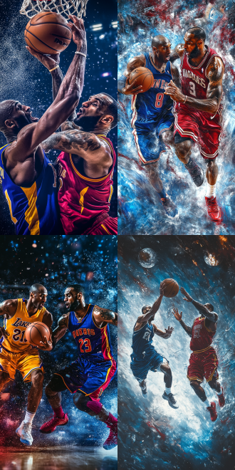 科比和詹姆斯比赛打篮球，高角度视角，动作凌厉，挑战激烈，专注表情，运动服装，灯光聚焦，快速快门，对抗，红色，蓝色，激情，运动摄影风格9：16
